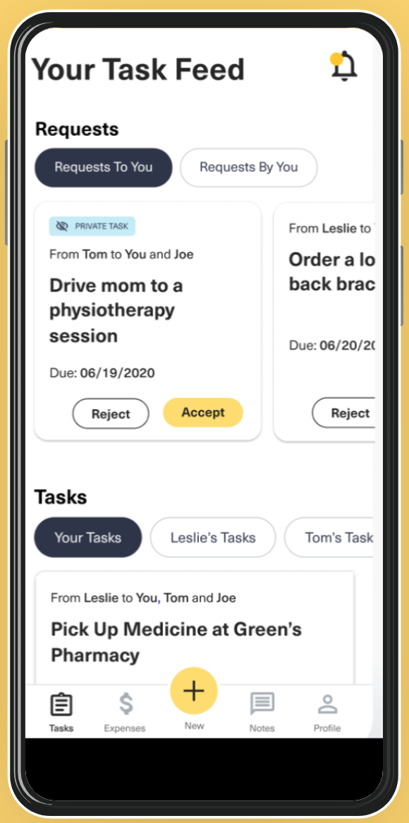The CareEasy app on a phone, showing the Your Task Feed screen of caregiving requests and tasks.
