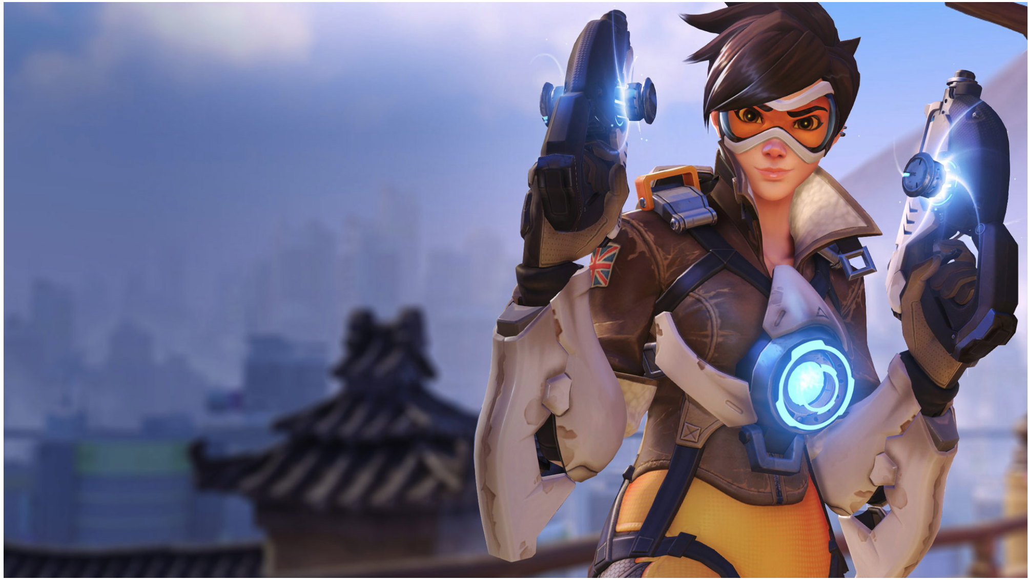 Tracer, an Overwatch hero, posing with her dual pulse pistols.
