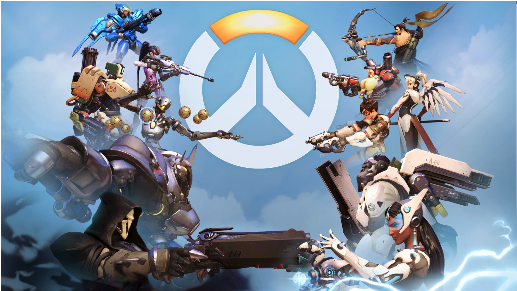 Overwatch key art: the game's logo surrounded by its cast of heroes.