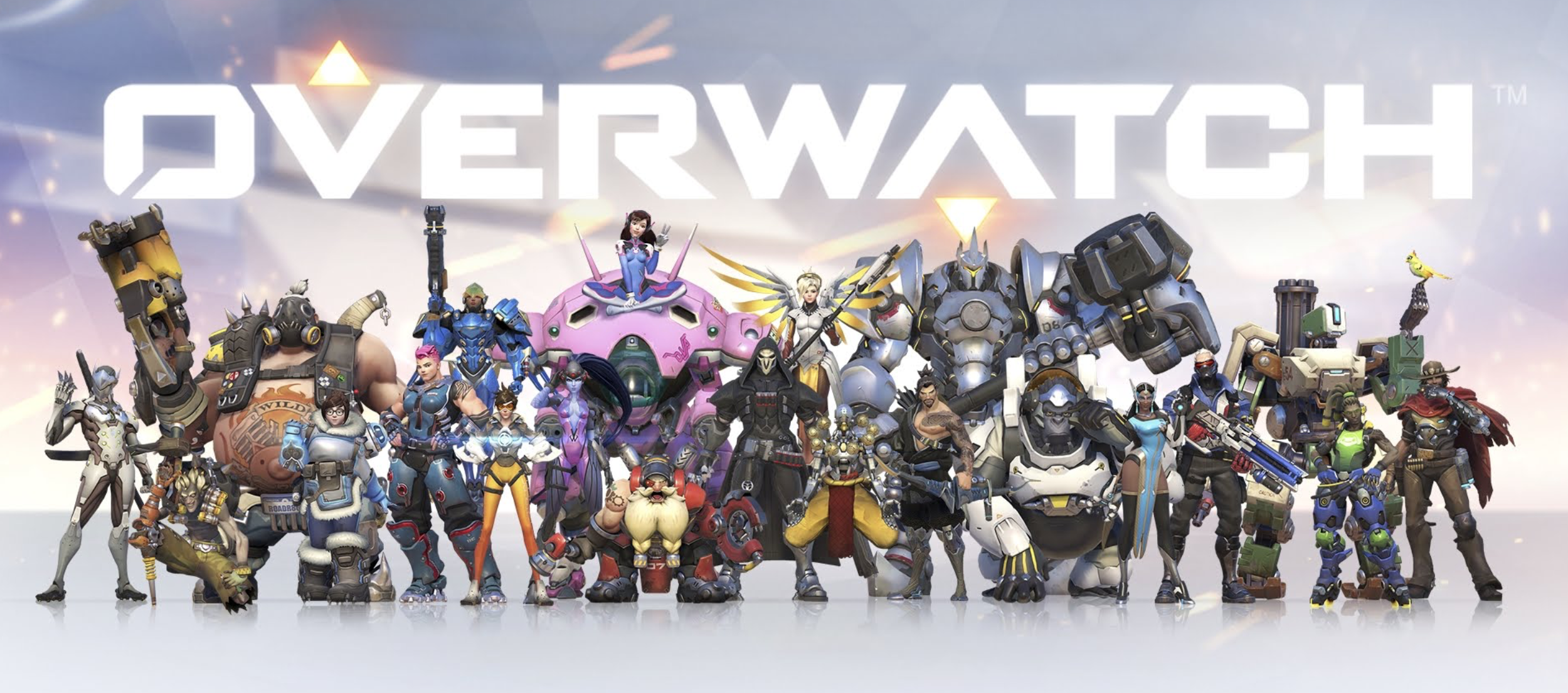 The full Overwatch hero lineup standing together beneath the game's logo.