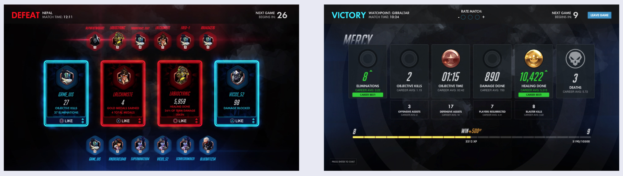 Overwatch's end-of-match screens: a scoreboard highlighting top performers and a personal stats screen with medals.