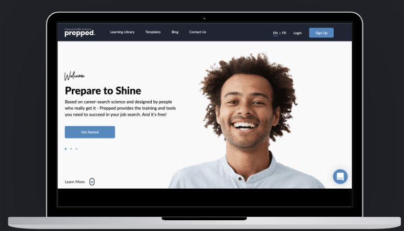 The Prepped website homepage shown on a laptop, with the headline &ldquo;Prepare to Shine.&rdquo;