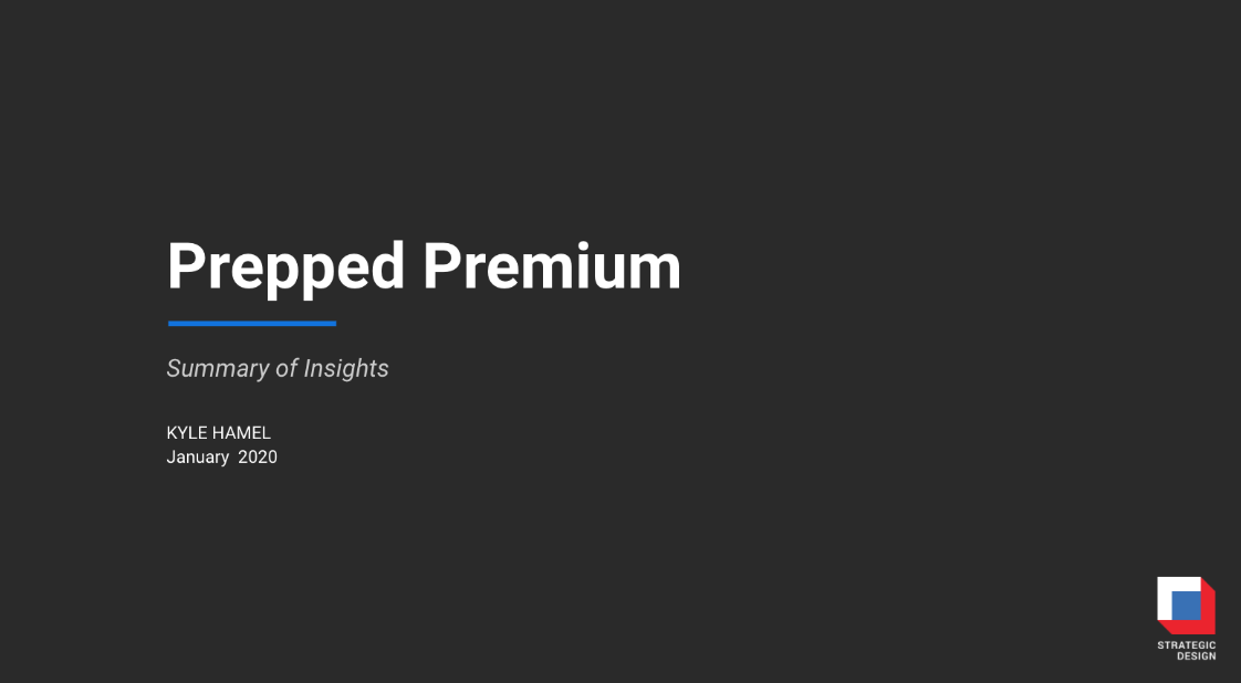 Validation deck title slide reading &ldquo;Prepped Premium &mdash; Summary of Insights.&rdquo;