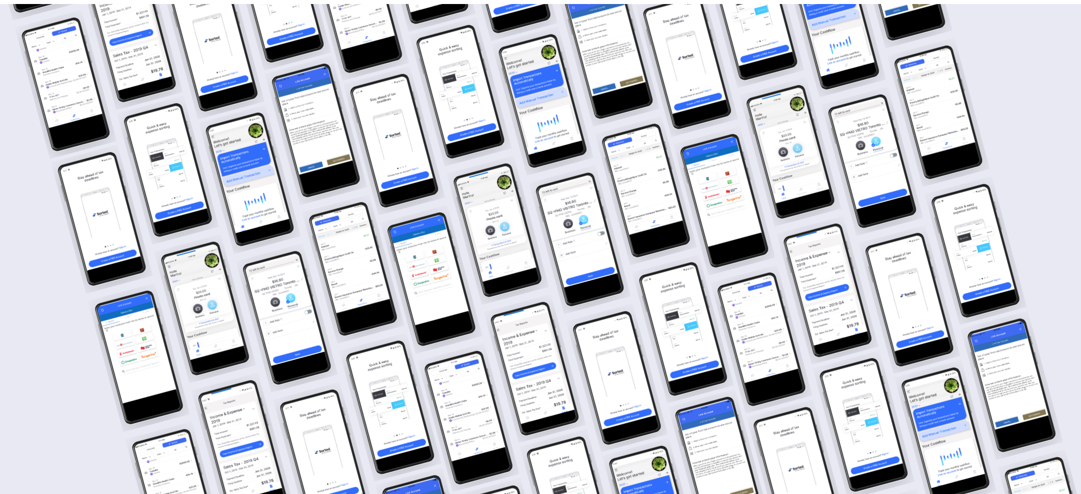 Angled mosaic of every screen in the launched Sorted app.