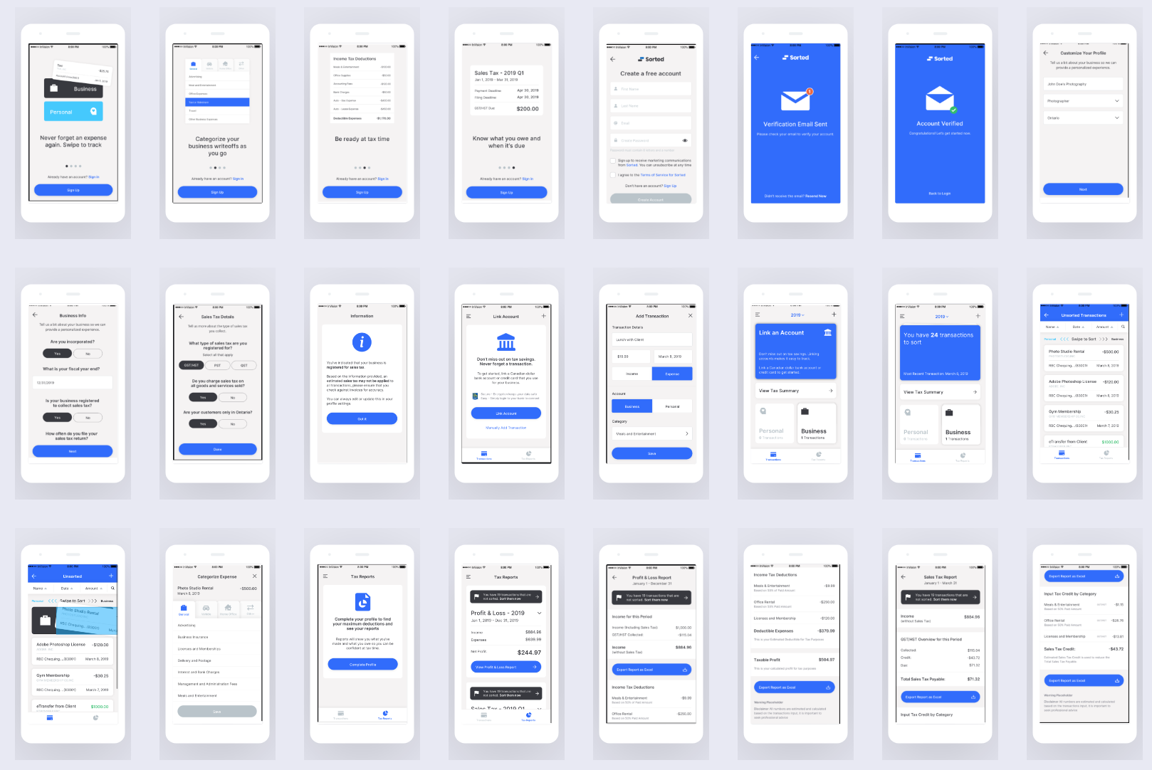 Grid of every screen tested in the third usability test.