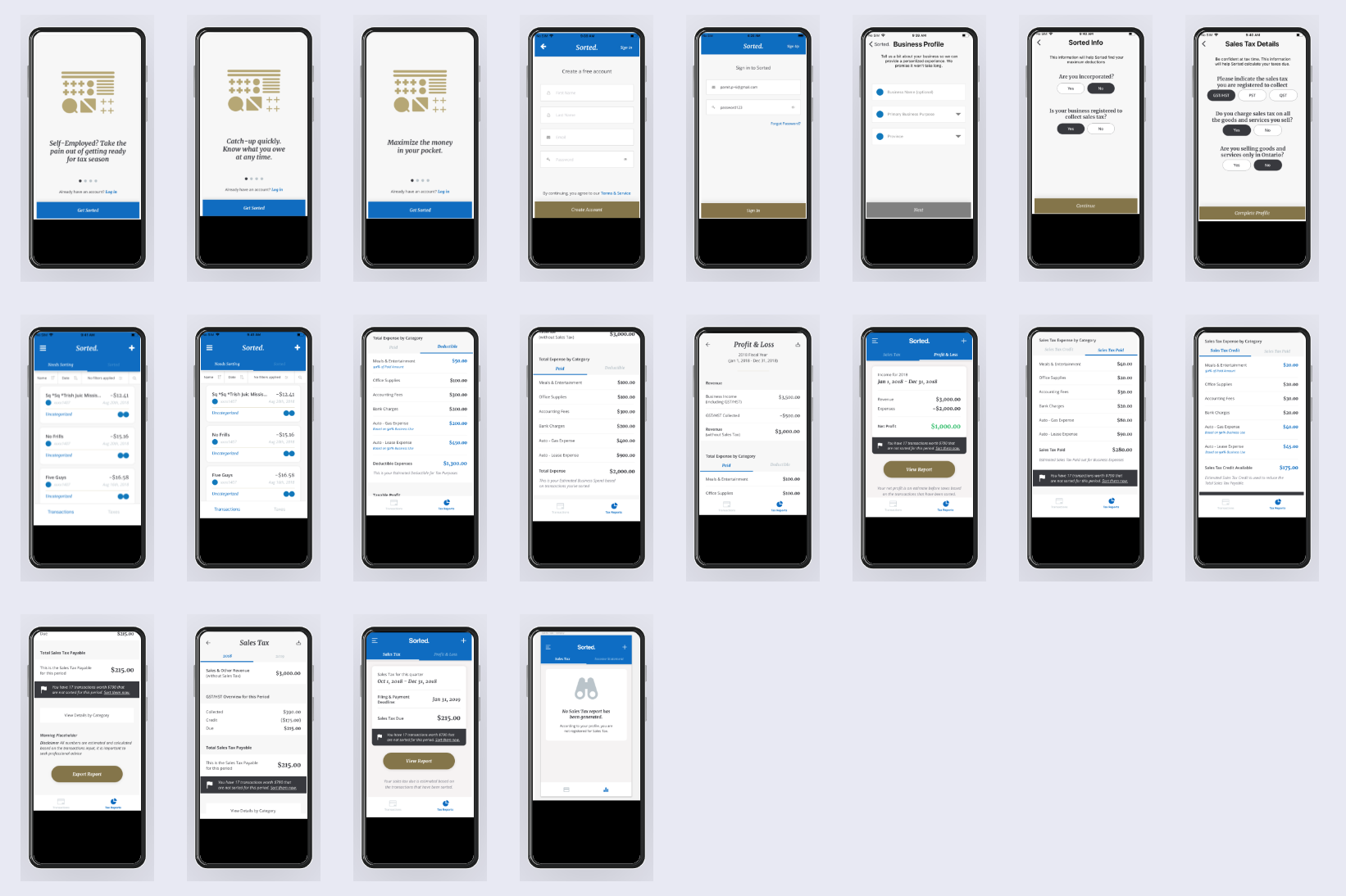 Grid of every screen tested in the first usability test.